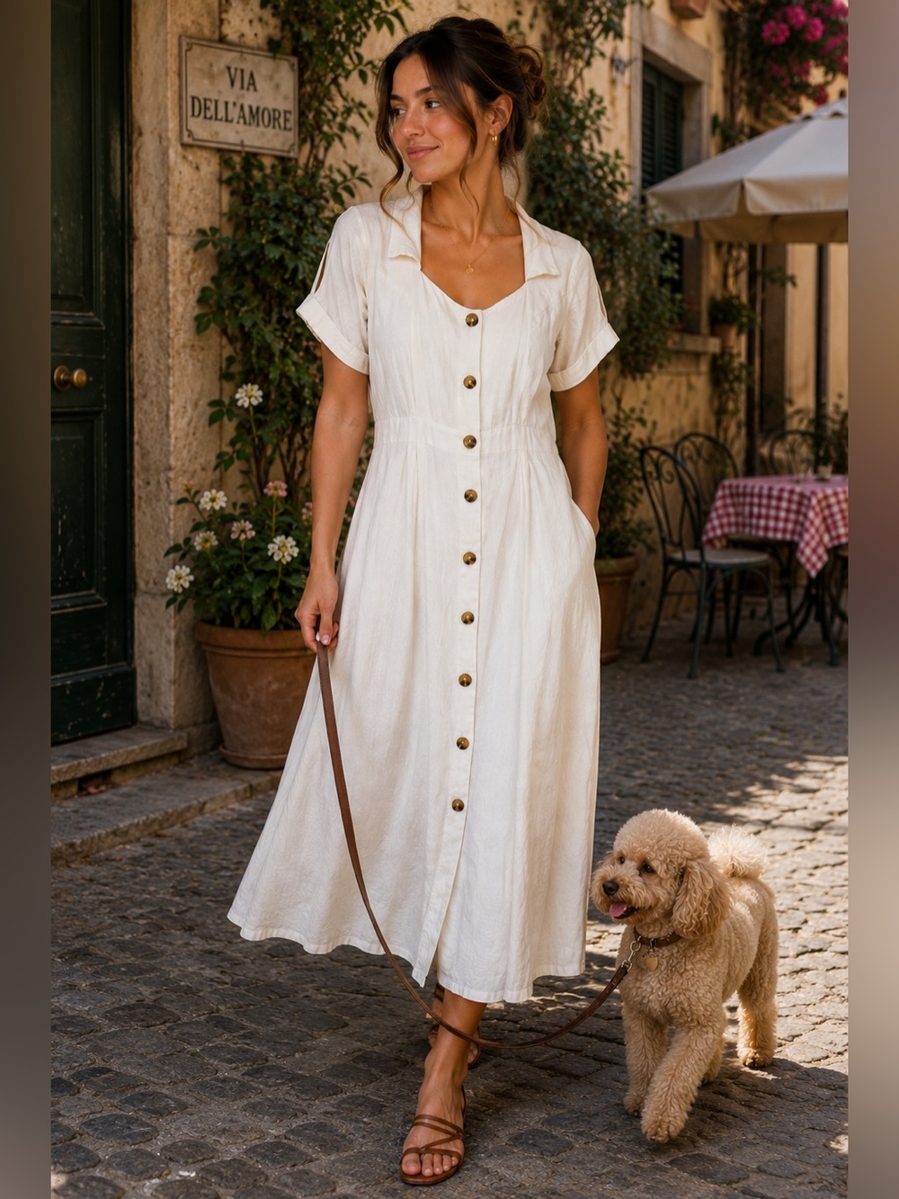 june & hudson Cream Button-Front Midi Dress